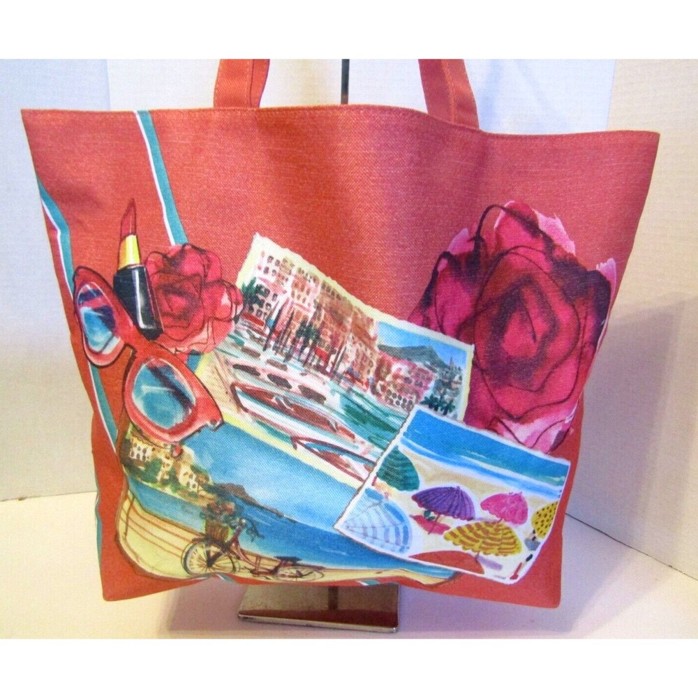 Lancome Paris Coral Tote Shoulder Bag French Riviera Postcard Beach NIP - Picture 3 of 6